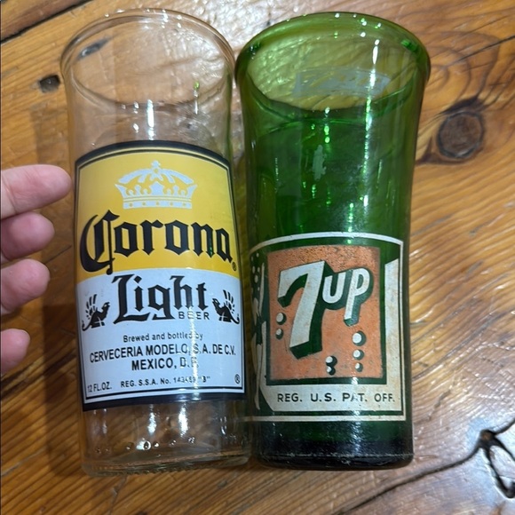 Corona Light & 7UP Vintage Glass Set handmade out of original bottles Cups Vases - Picture 1 of 10